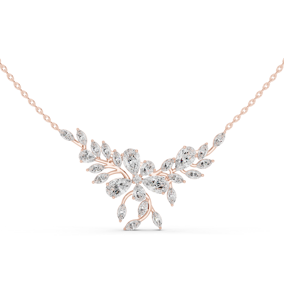 Elegant Marquise and Pear Diamond Floral Necklace in Fine Gold