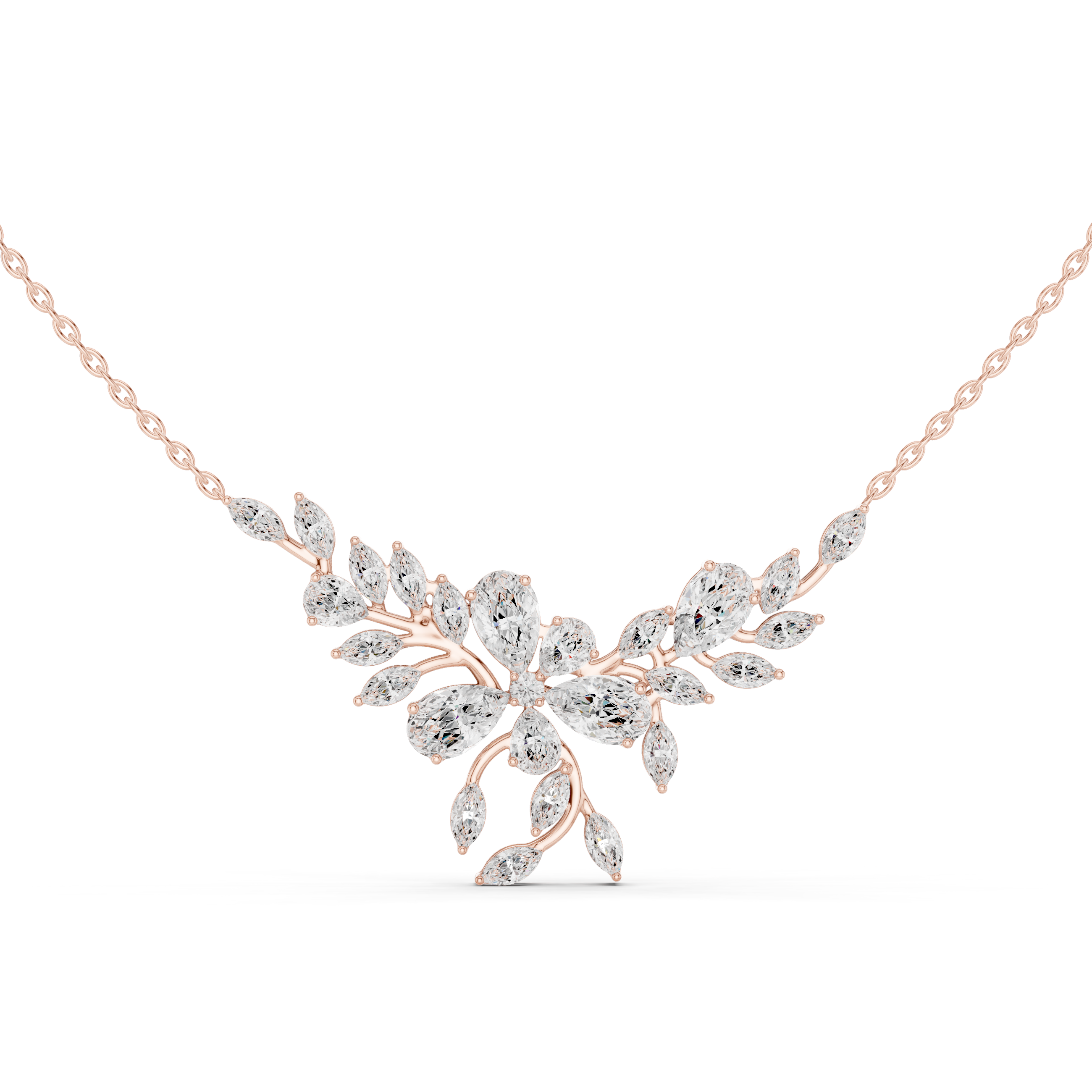 Elegant Marquise and Pear Diamond Floral Necklace in Fine Gold