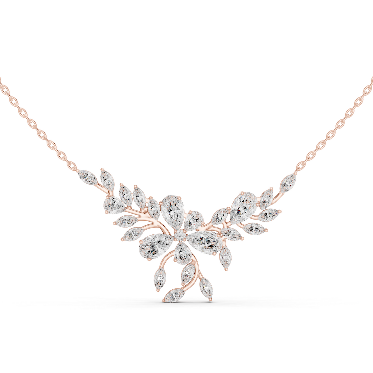 Elegant Marquise and Pear Diamond Floral Necklace in Fine Gold