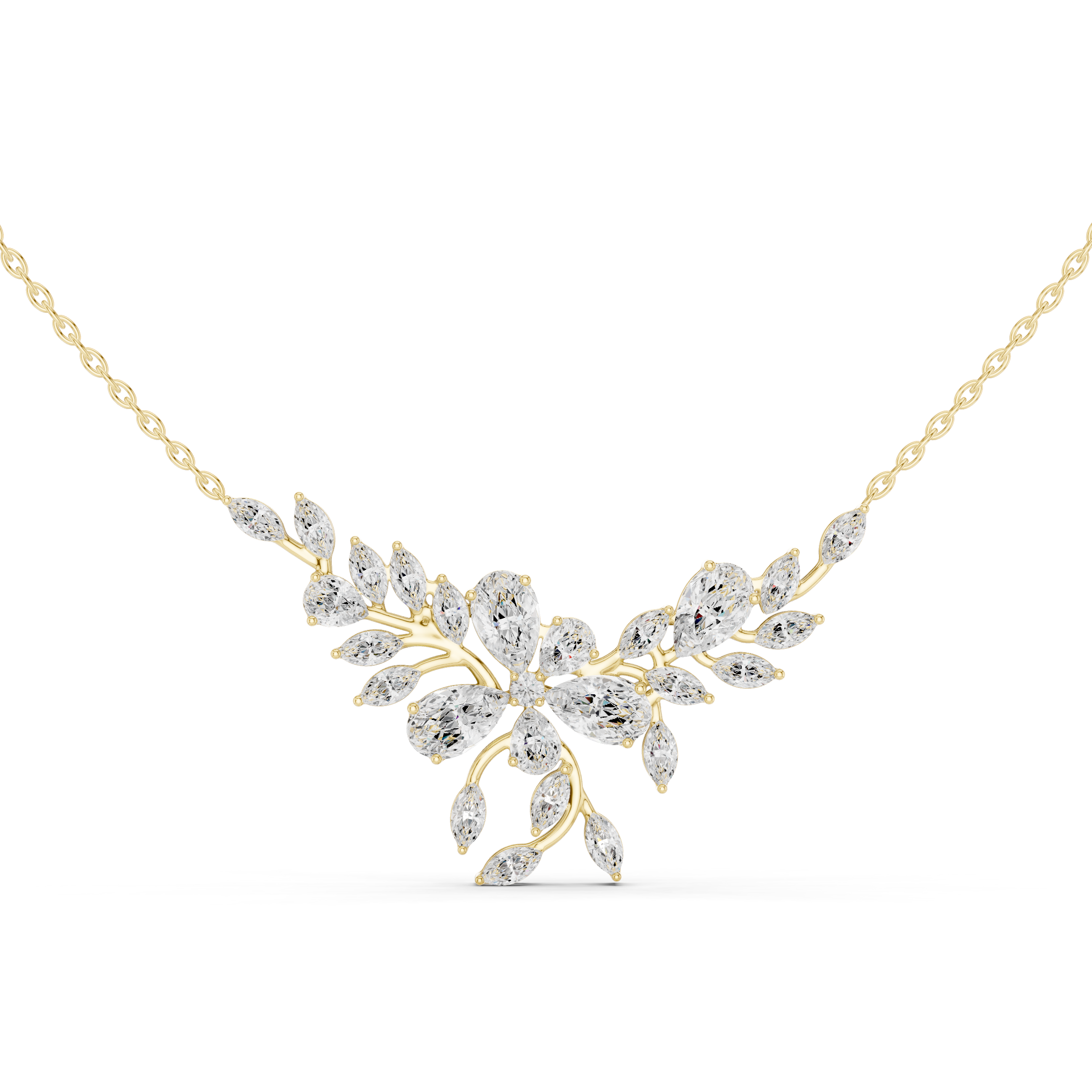 Elegant Marquise and Pear Diamond Floral Necklace in Fine Gold