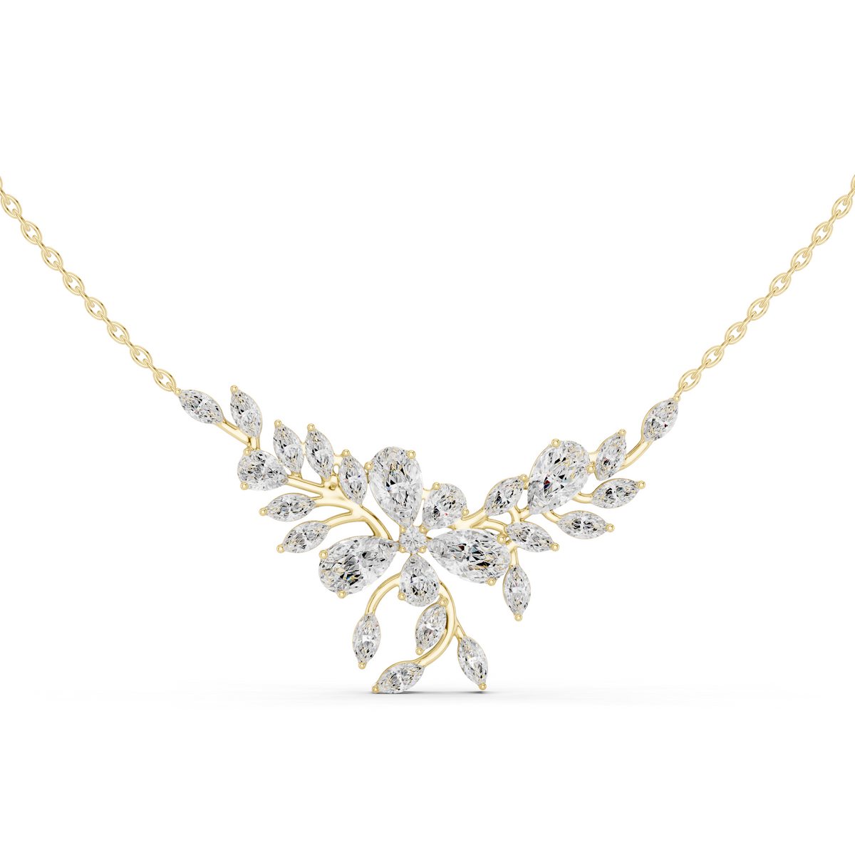 Elegant Marquise and Pear Diamond Floral Necklace in Fine Gold