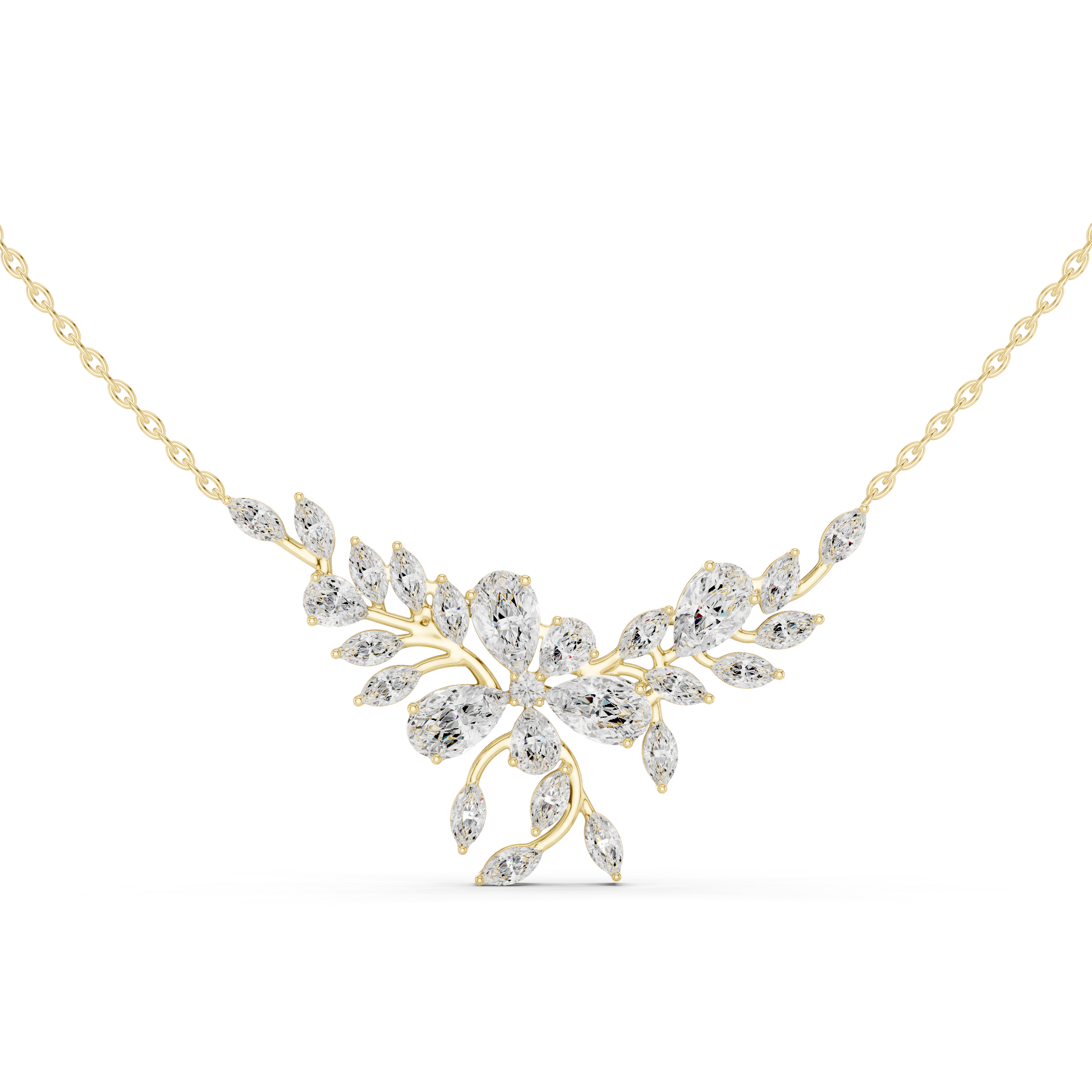 Elegant Marquise and Pear Diamond Floral Necklace in Fine Gold