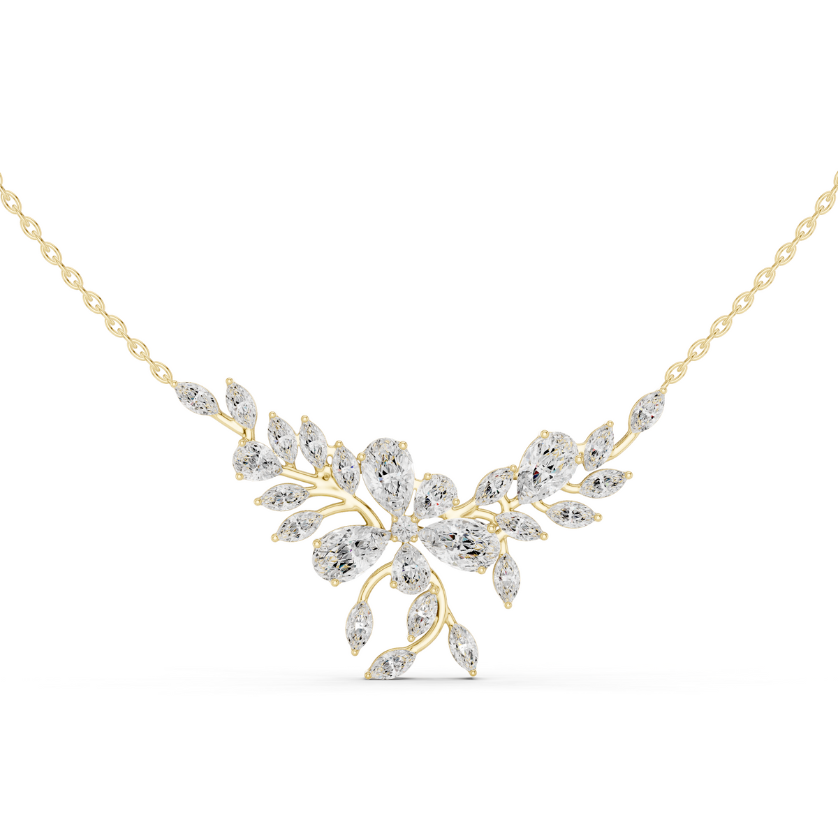 Elegant Marquise and Pear Diamond Floral Necklace in Fine Gold