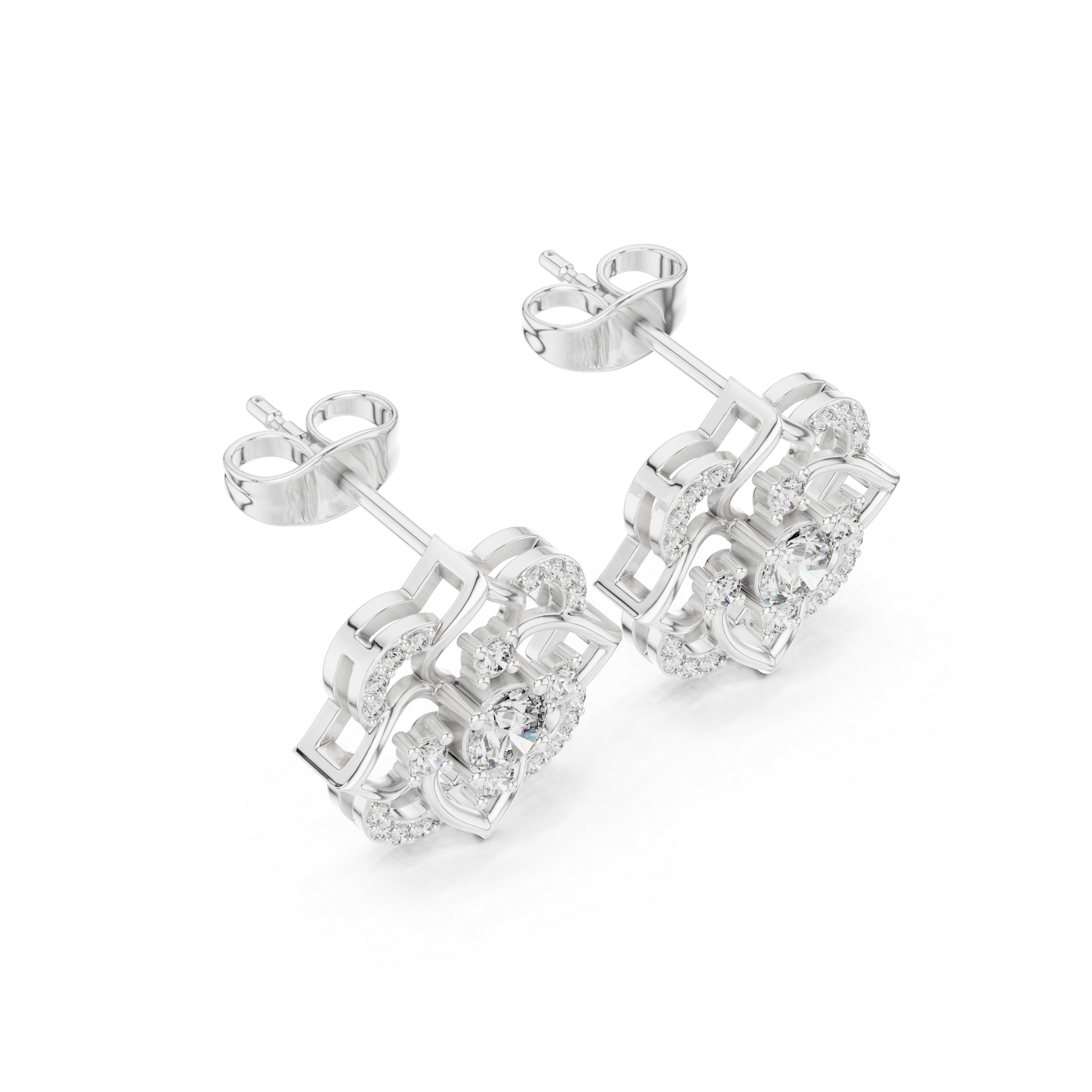 Floral Blue Gemstone & Diamond Stud Earrings in Fine Gold