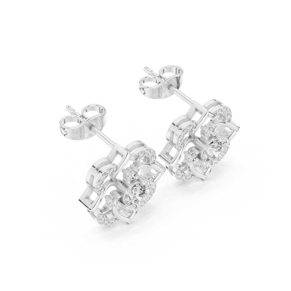 Floral Blue Gemstone & Diamond Stud Earrings in Fine Gold