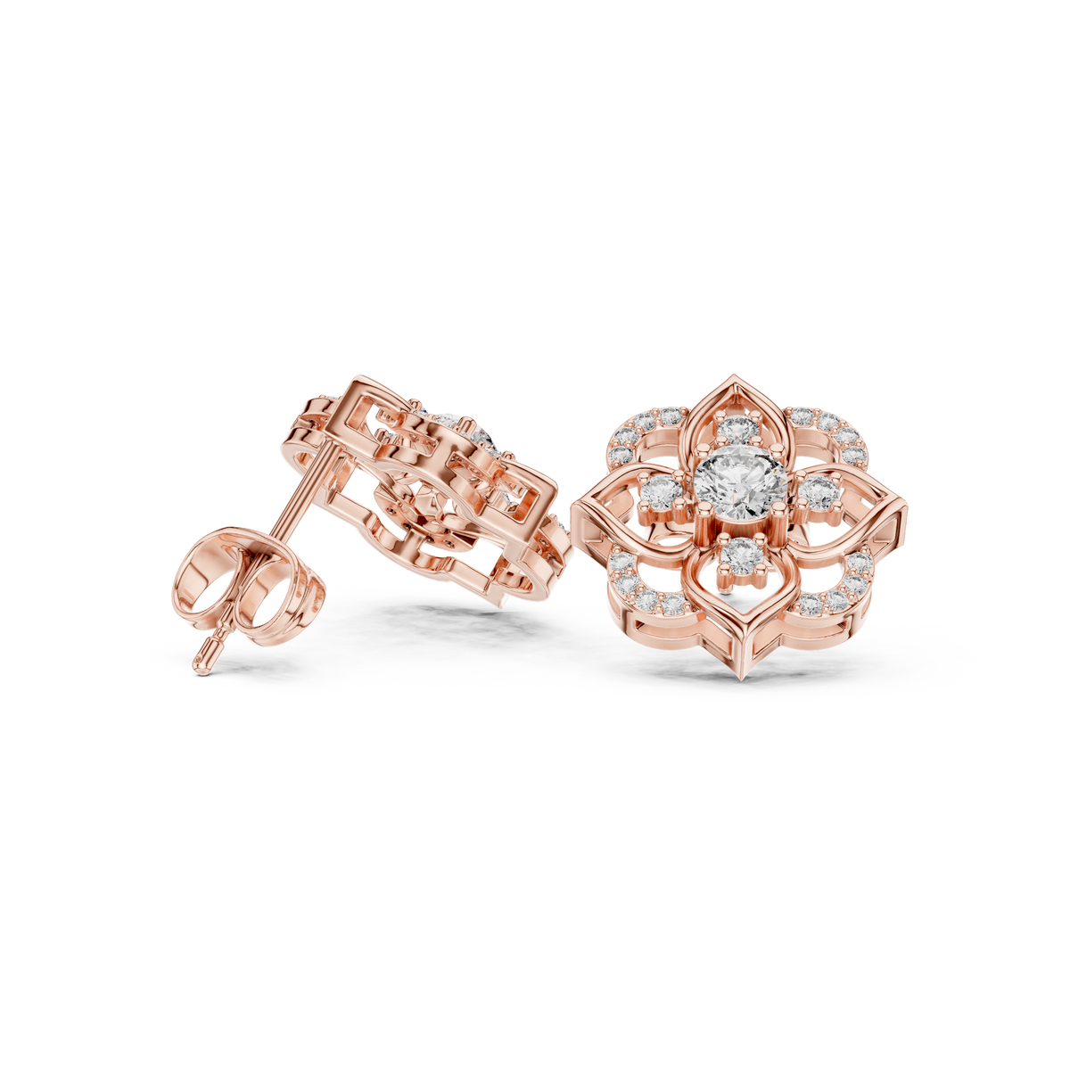 Floral Blue Gemstone & Diamond Stud Earrings in Fine Gold