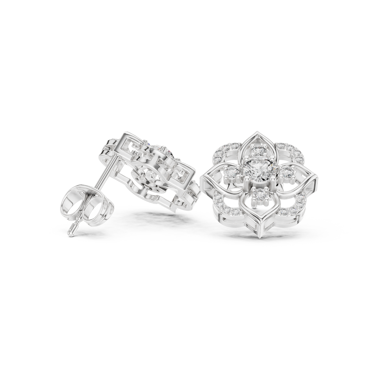 Floral Blue Gemstone & Diamond Stud Earrings in Fine Gold