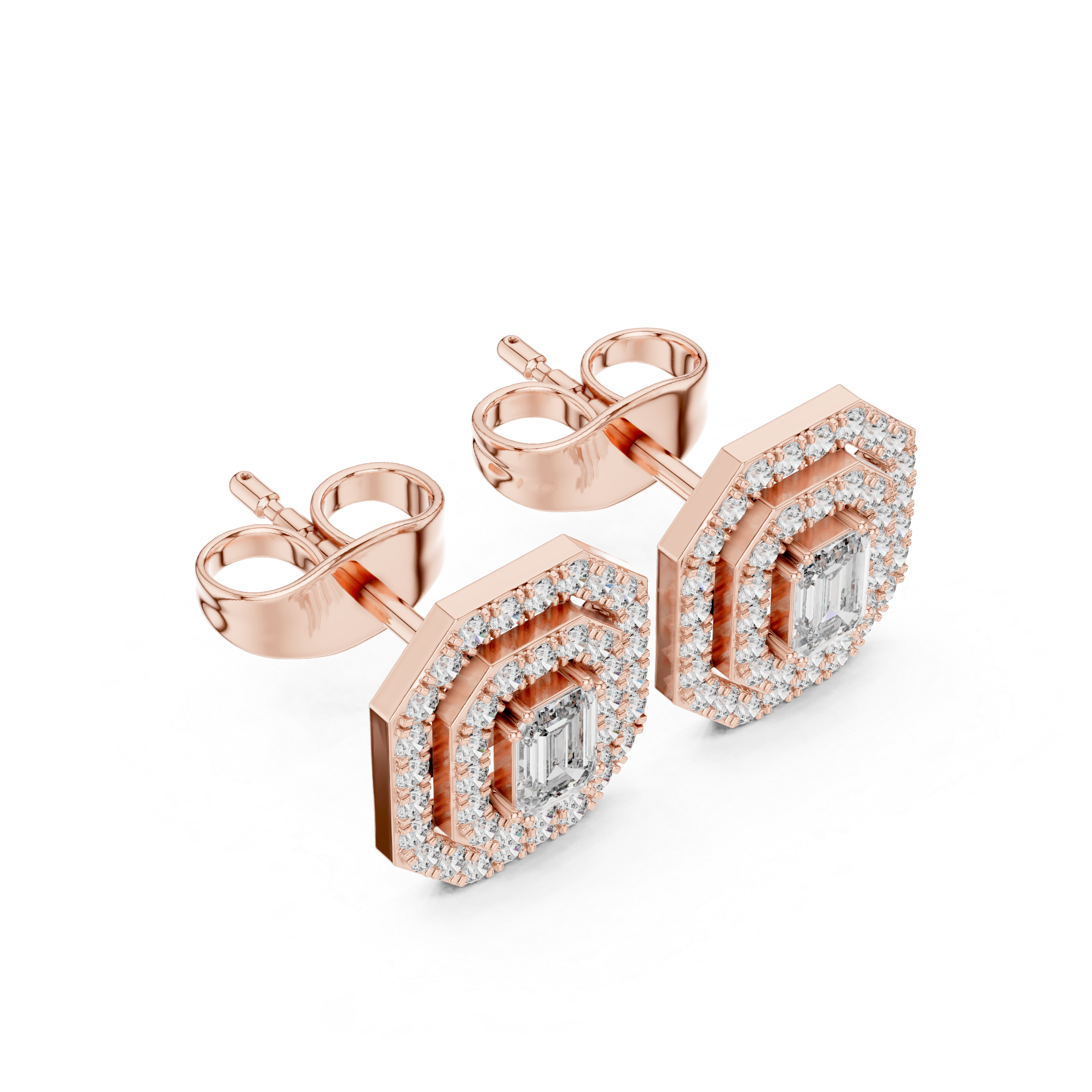 Emerald-Cut Halo Diamond Stud Earrings in Fine Gold