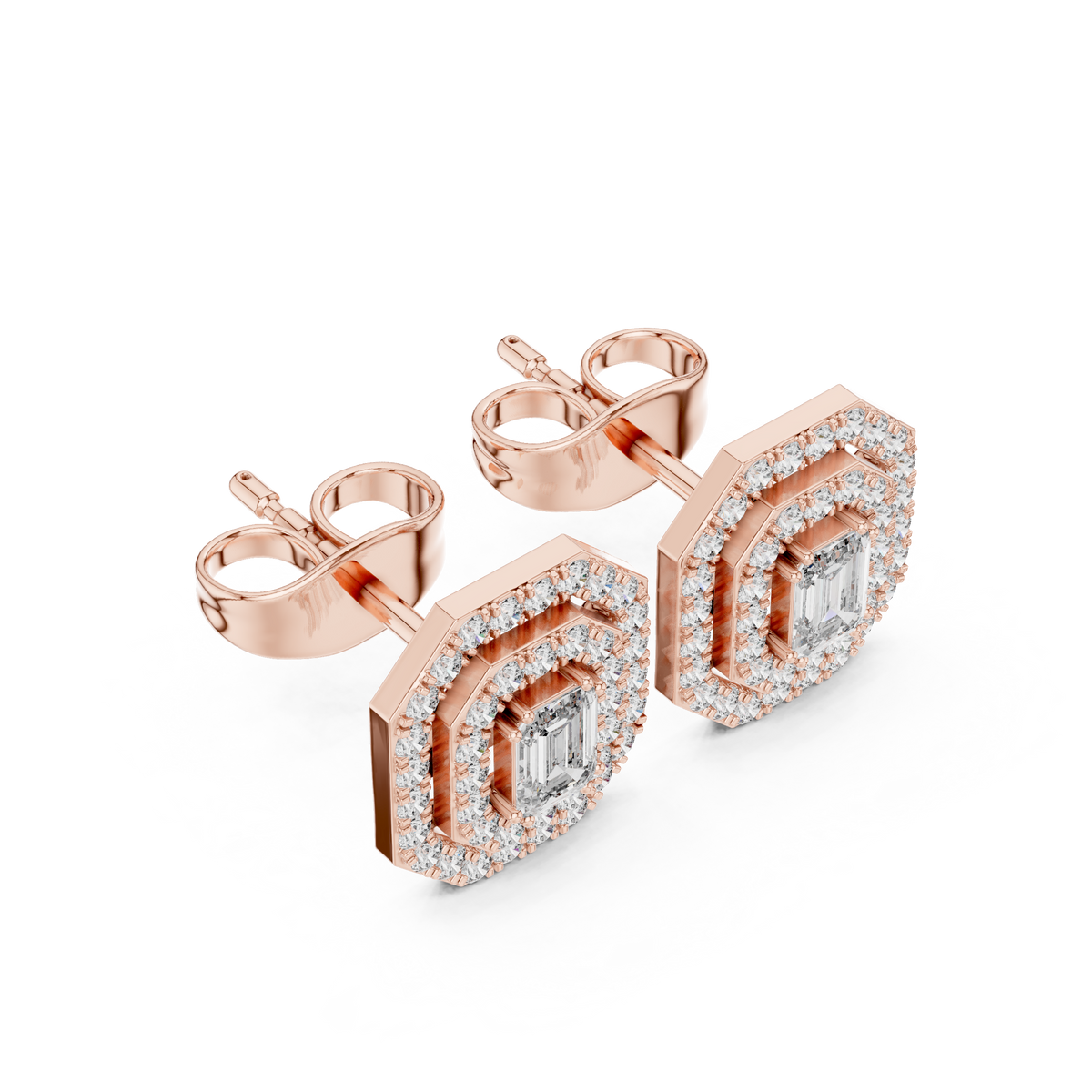 Emerald-Cut Halo Diamond Stud Earrings in Fine Gold