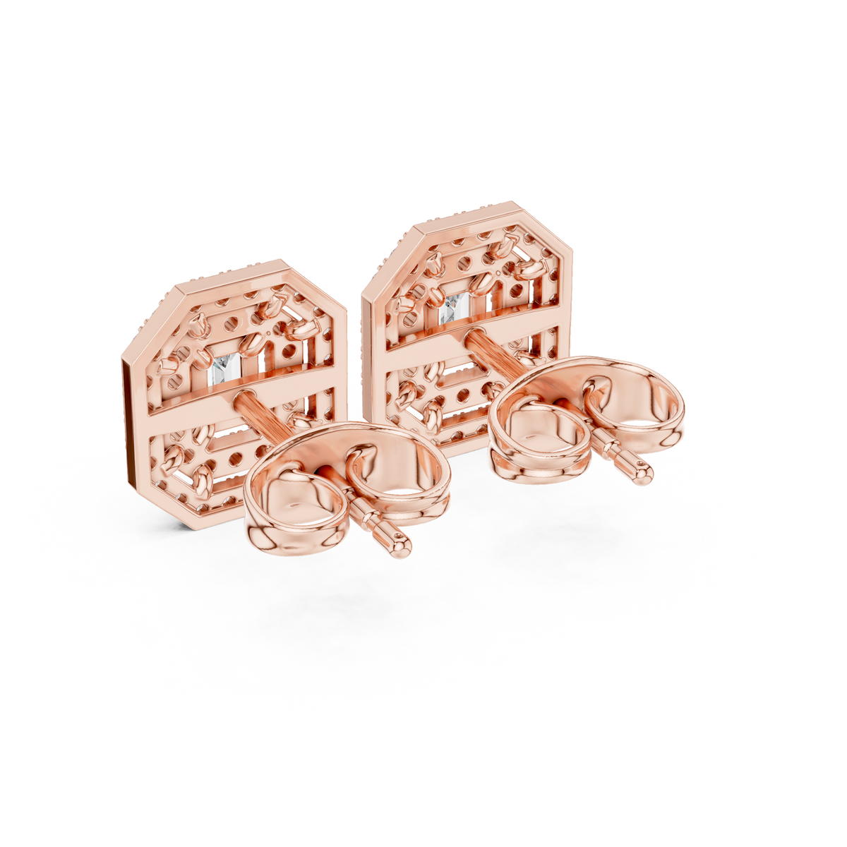 Emerald-Cut Halo Diamond Stud Earrings in Fine Gold