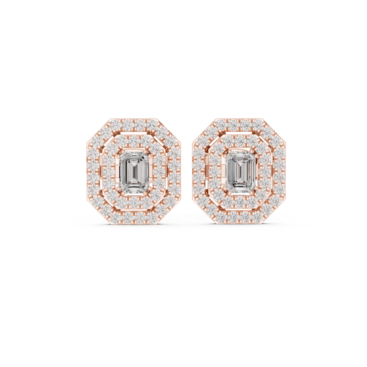 Emerald-Cut Halo Diamond Stud Earrings in Fine Gold