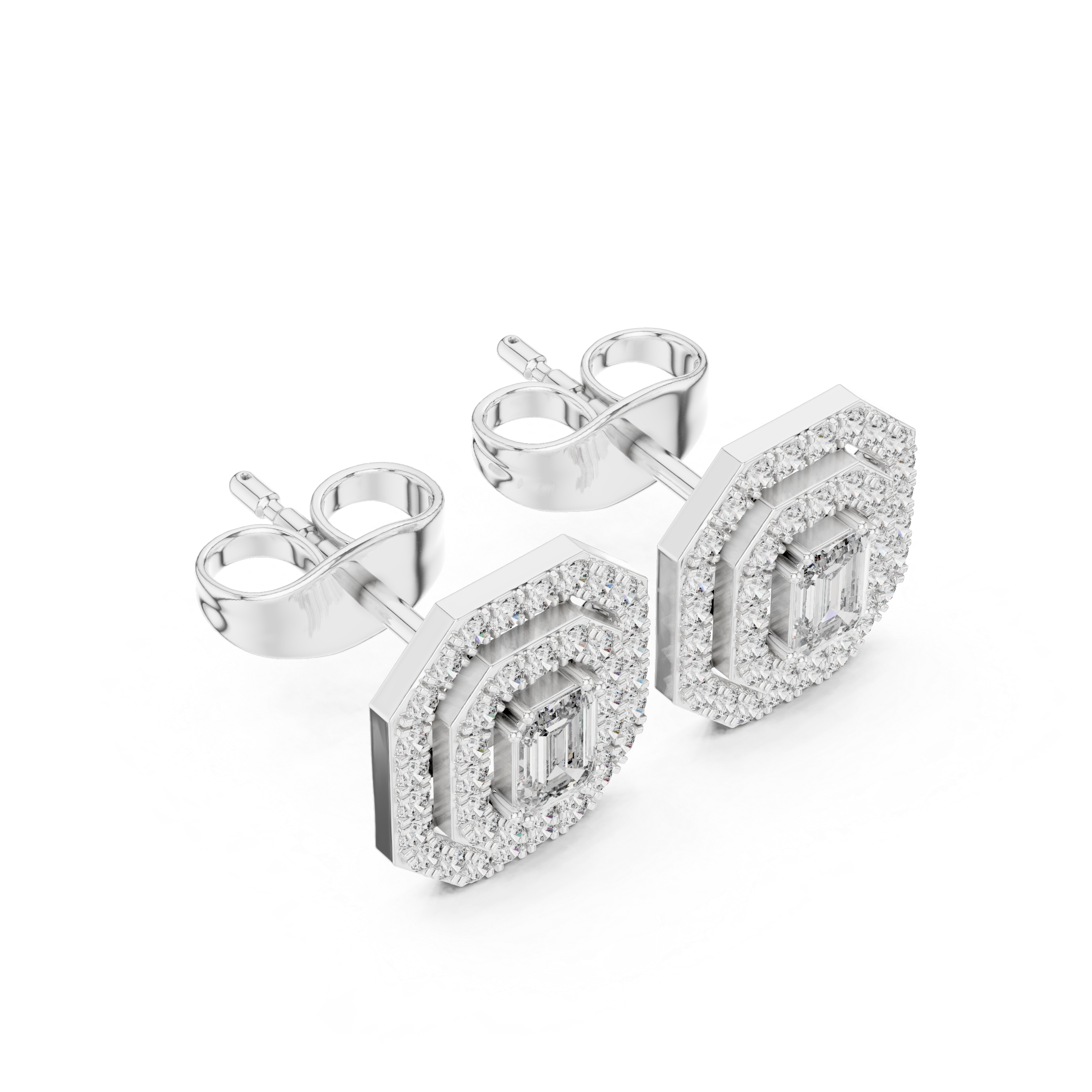 Emerald-Cut Halo Diamond Stud Earrings in Fine Gold