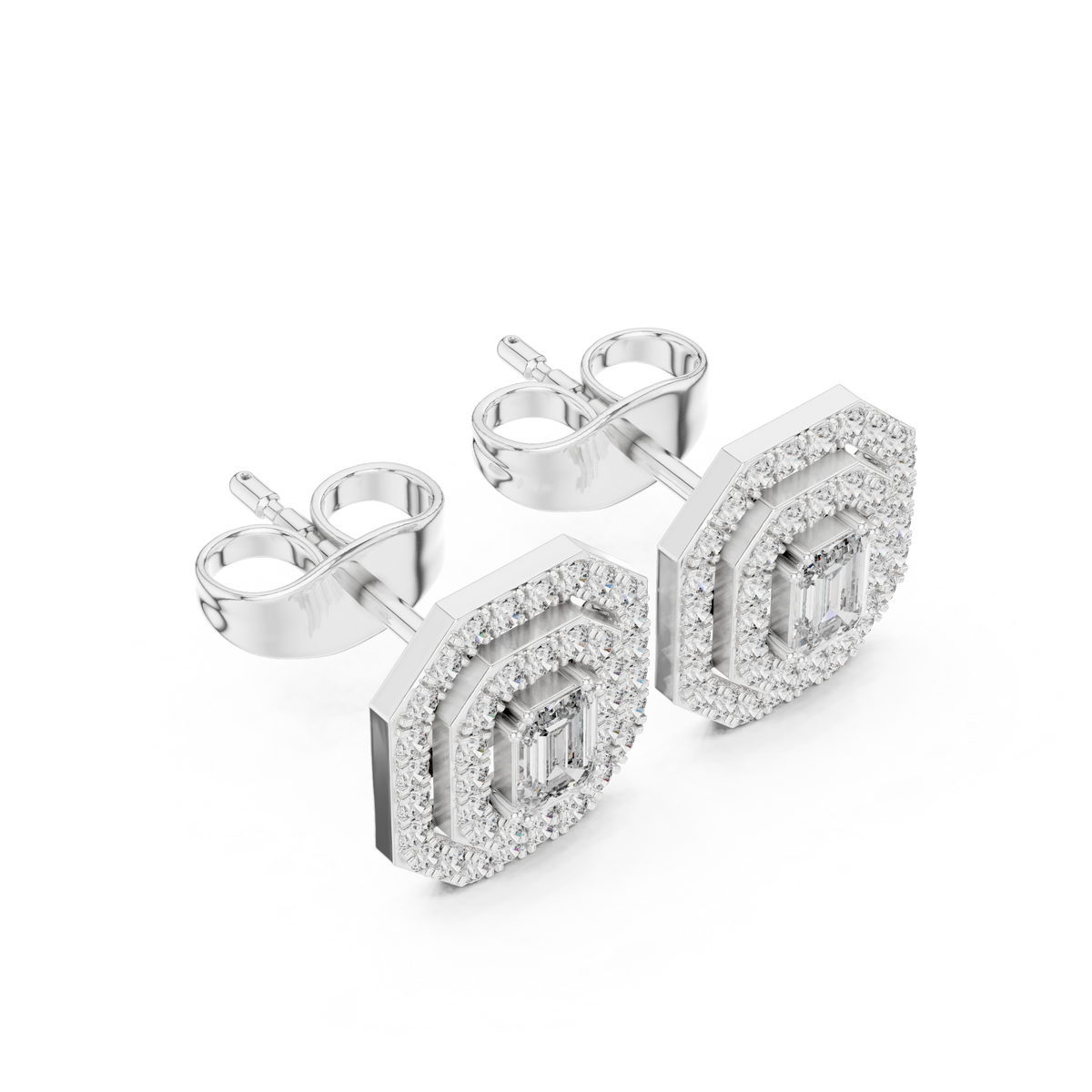 Emerald-Cut Halo Diamond Stud Earrings in Fine Gold