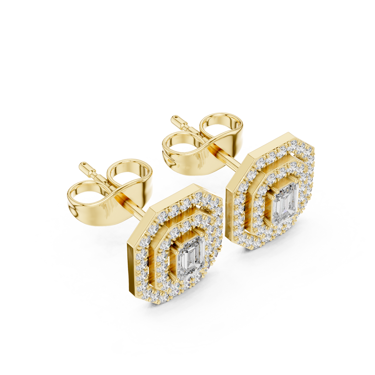 Emerald-Cut Halo Diamond Stud Earrings in Fine Gold