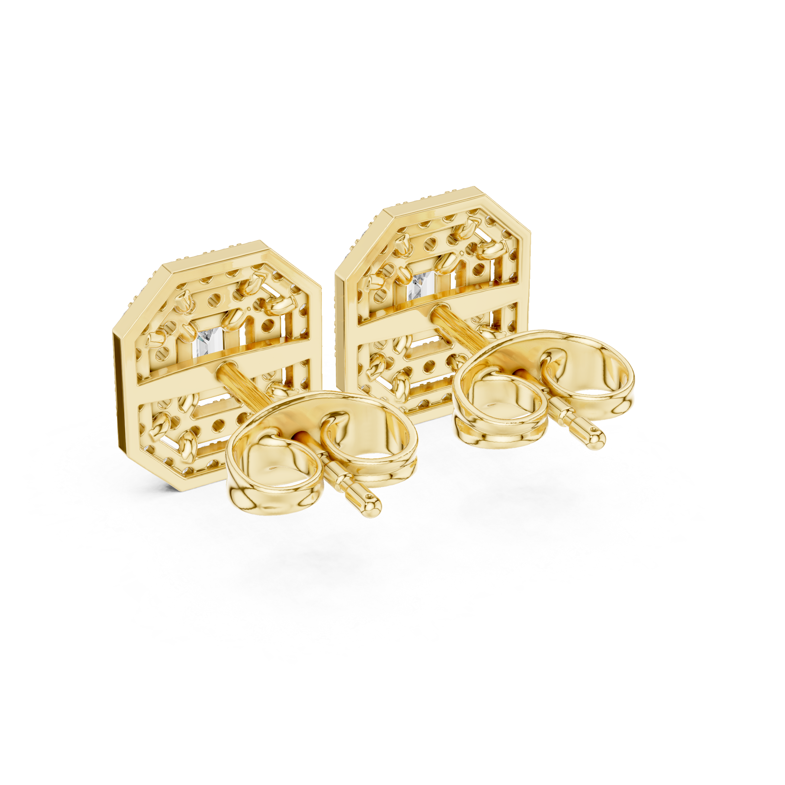 Emerald-Cut Halo Diamond Stud Earrings in Fine Gold