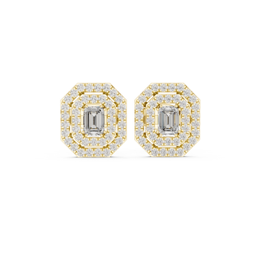 Emerald-Cut Halo Diamond Stud Earrings in Fine Gold