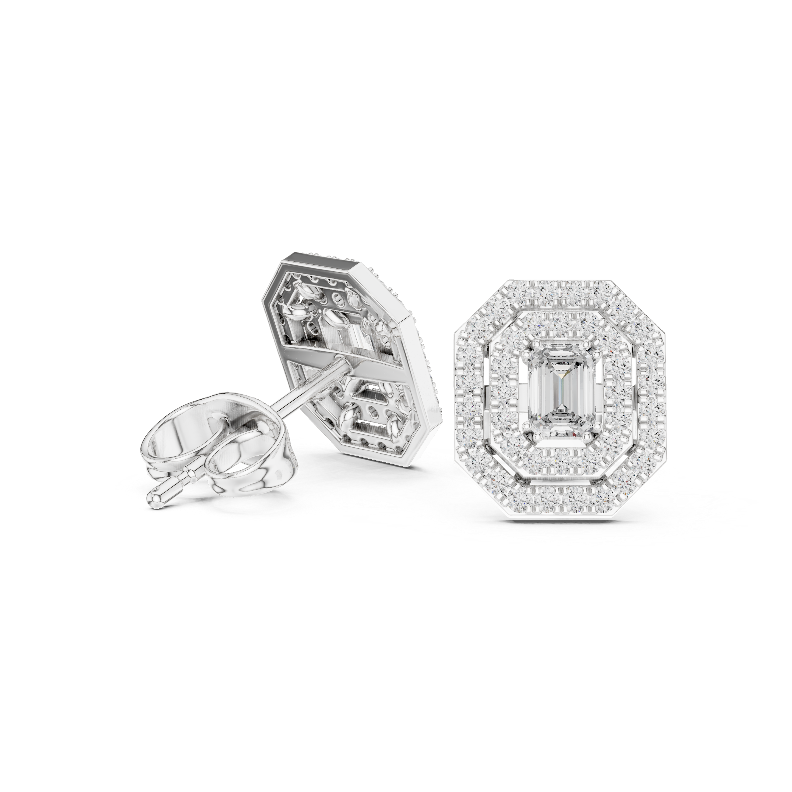 Emerald-Cut Halo Diamond Stud Earrings in Fine Gold