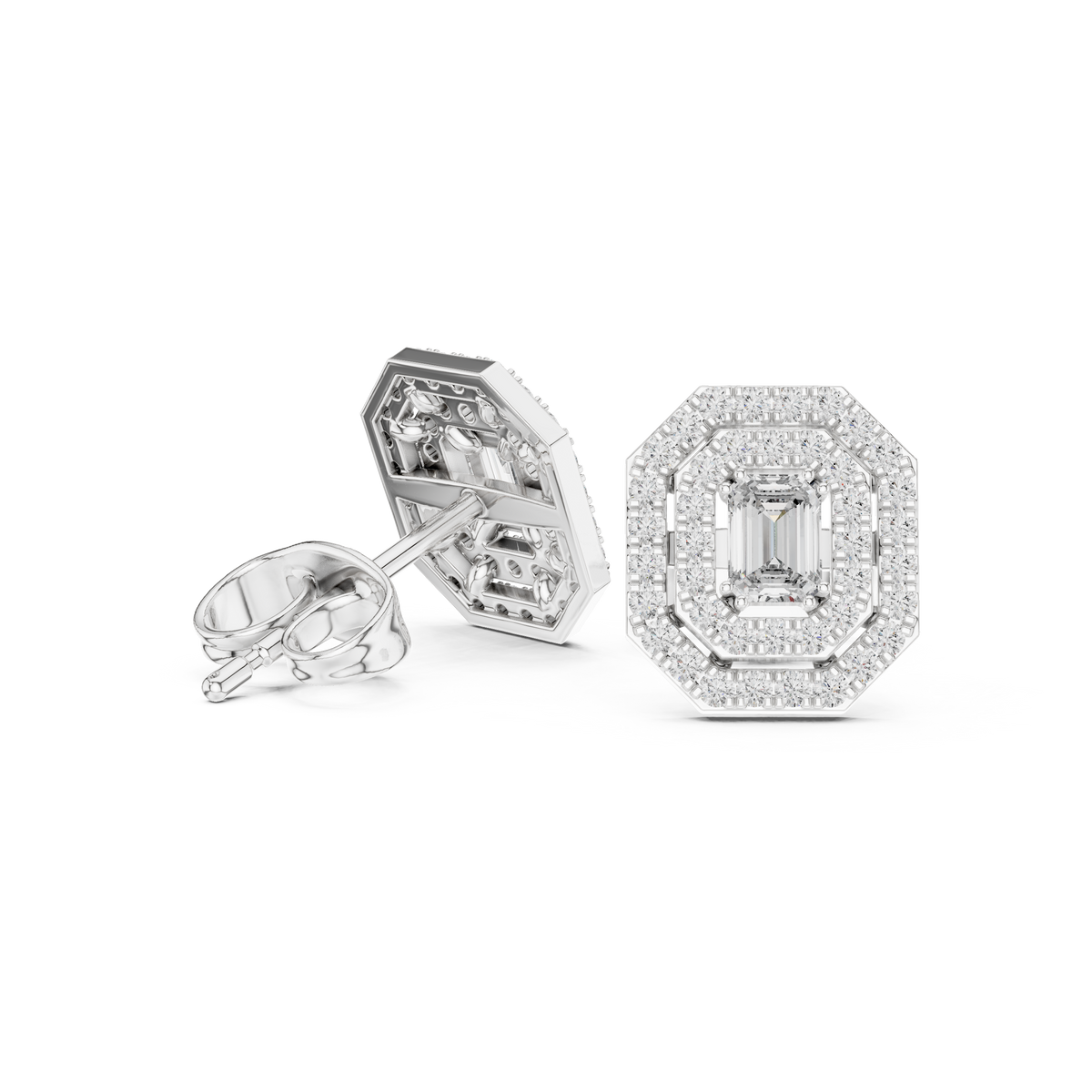 Emerald-Cut Halo Diamond Stud Earrings in Fine Gold