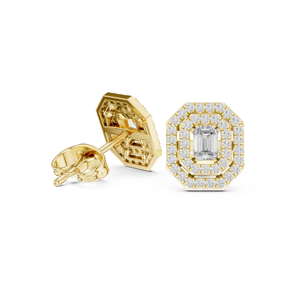 Emerald-Cut Halo Diamond Stud Earrings in Fine Gold