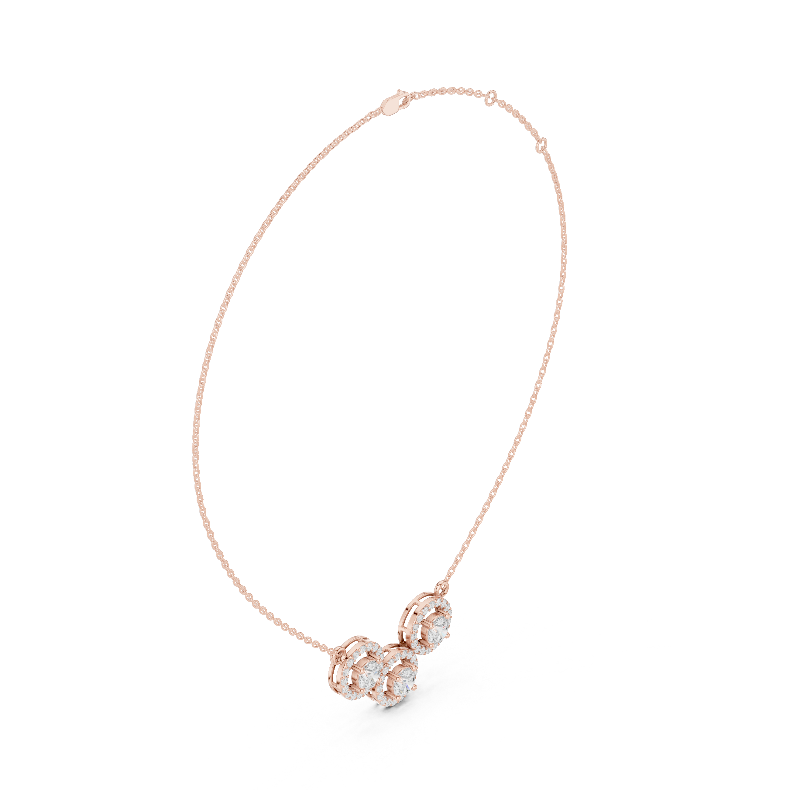 Luxury Three-Stone Diamond Halo Pendant Necklace in 14K Gold