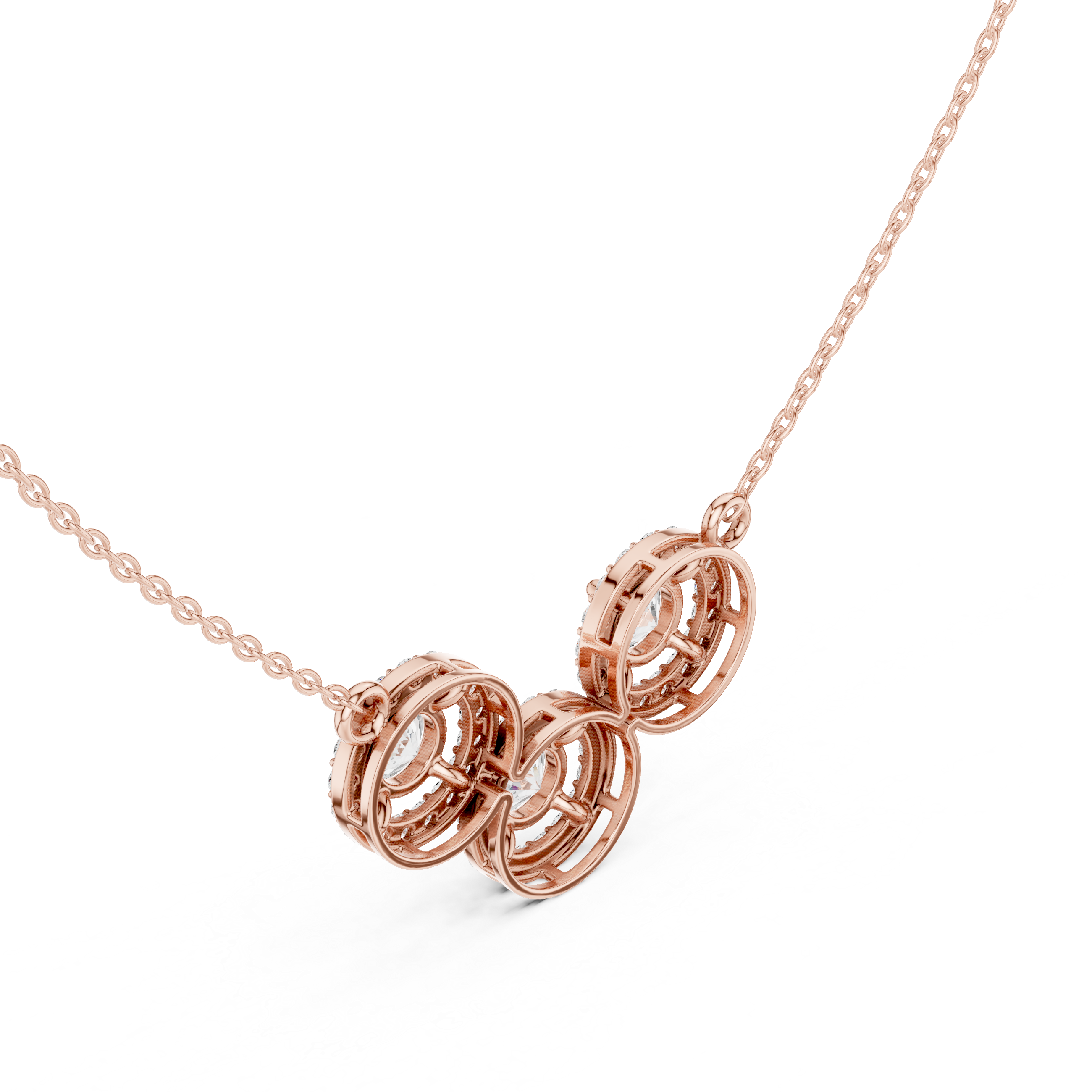 Luxury Three-Stone Diamond Halo Pendant Necklace in 14K Gold