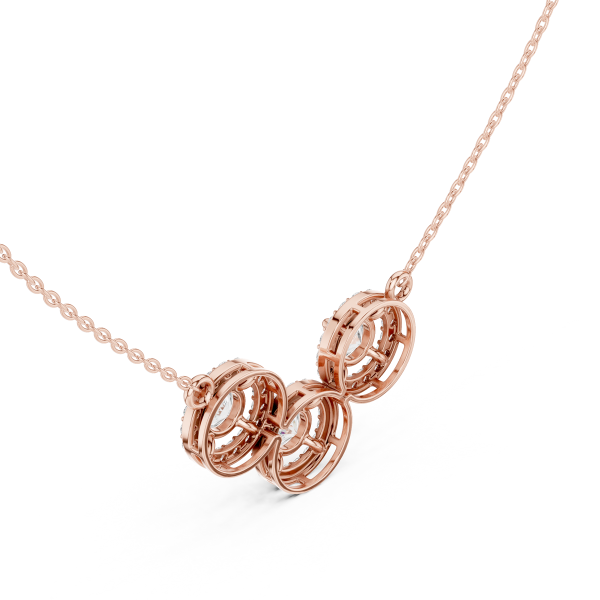 Luxury Three-Stone Diamond Halo Pendant Necklace in 14K Gold