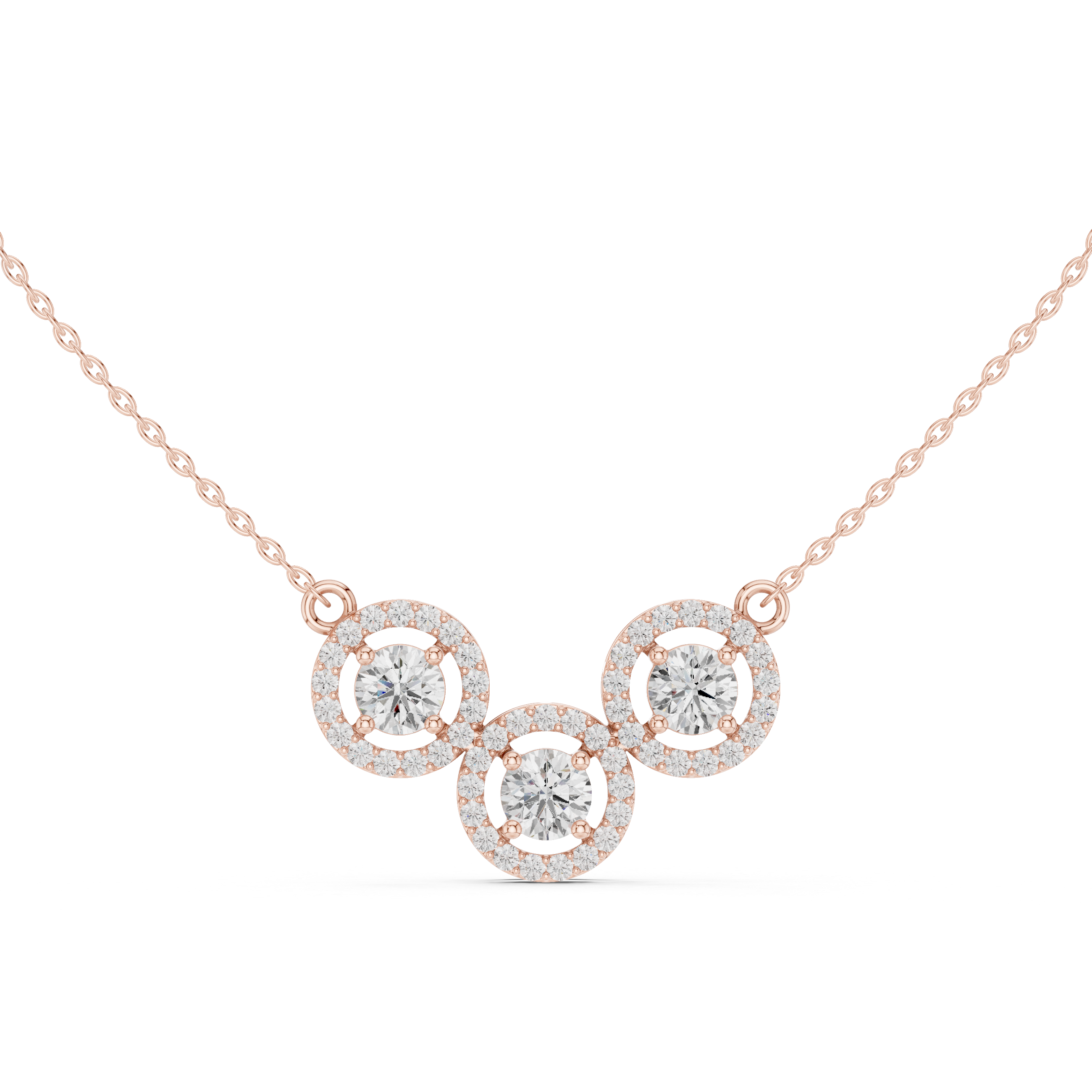 Luxury Three-Stone Diamond Halo Pendant Necklace in 14K Gold