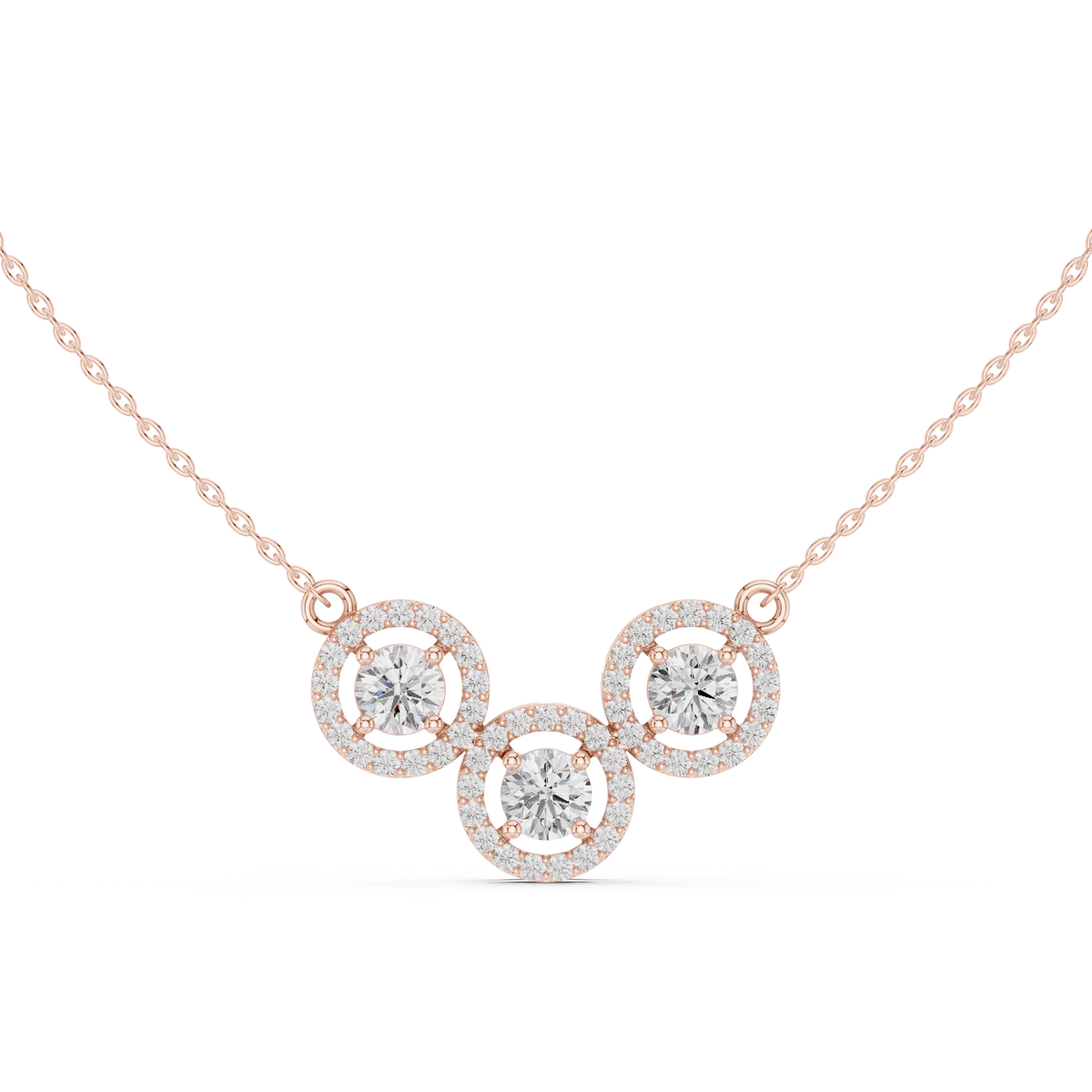 Luxury Three-Stone Diamond Halo Pendant Necklace in 14K Gold