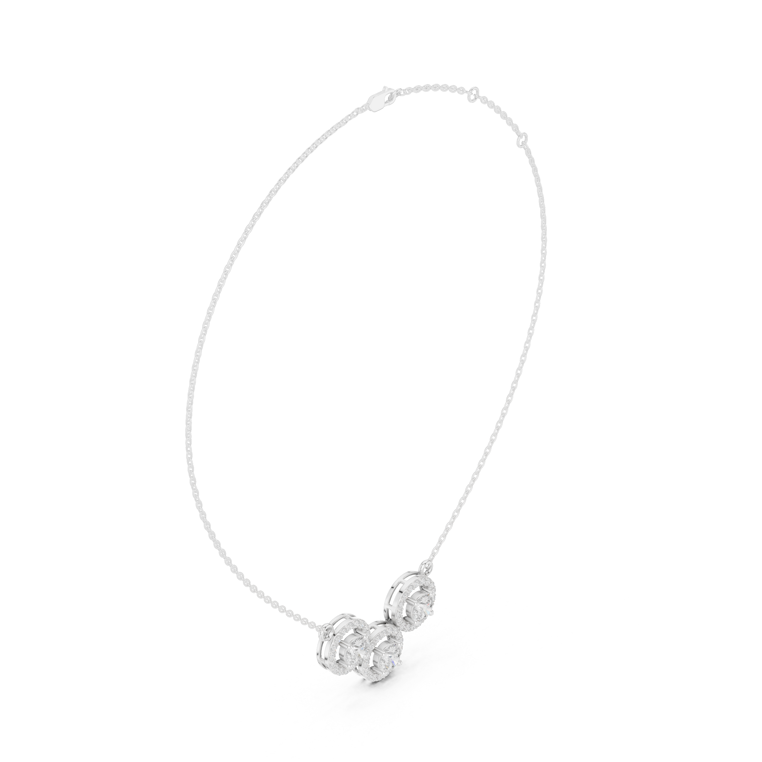 Luxury Three-Stone Diamond Halo Pendant Necklace in 14K Gold