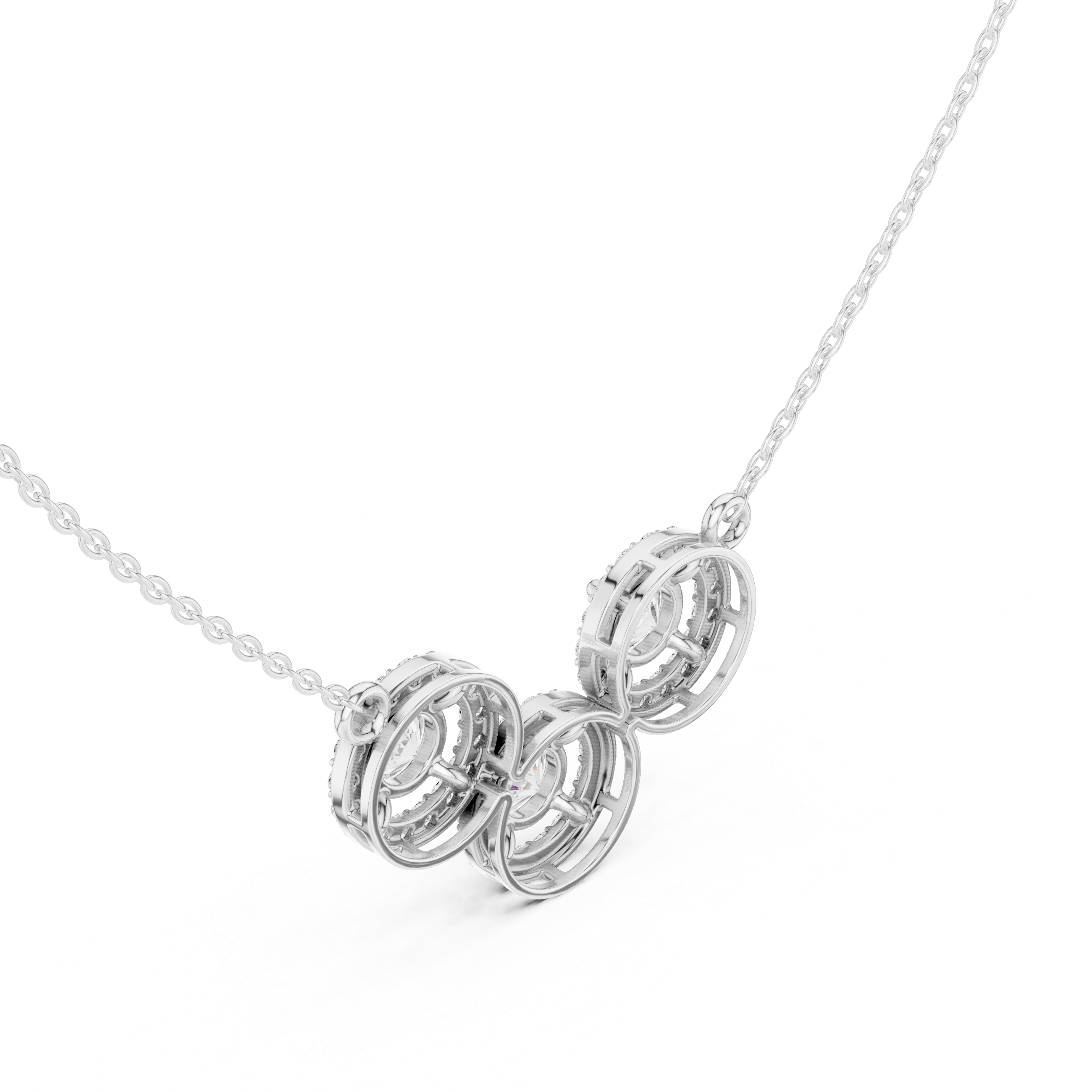 Luxury Three-Stone Diamond Halo Pendant Necklace in 14K Gold