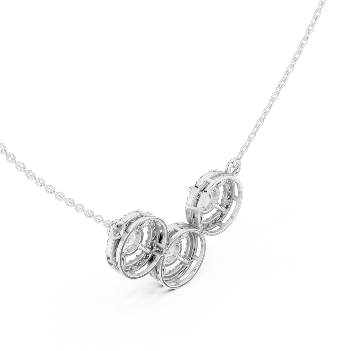 Luxury Three-Stone Diamond Halo Pendant Necklace in 14K Gold