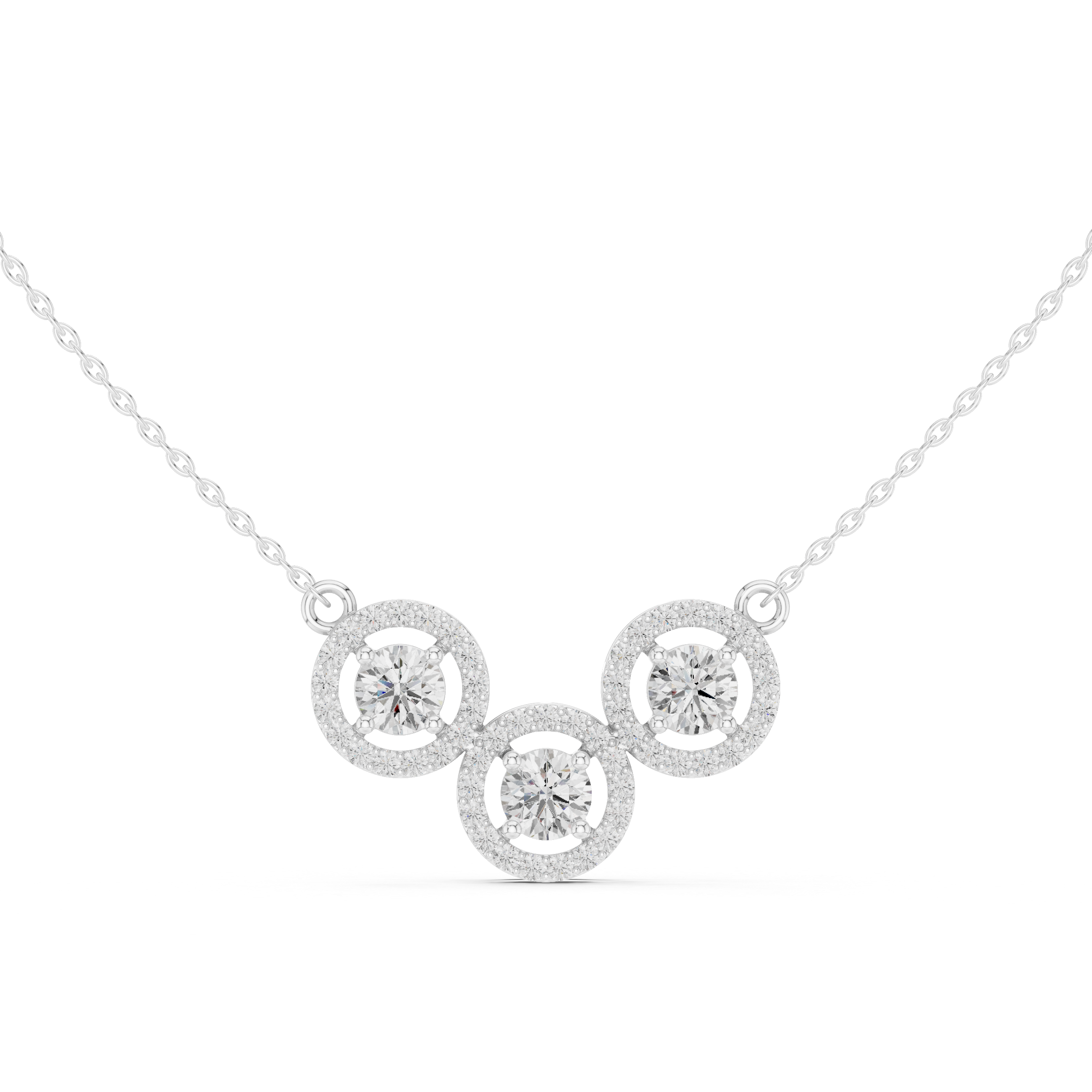 Luxury Three-Stone Diamond Halo Pendant Necklace in 14K Gold