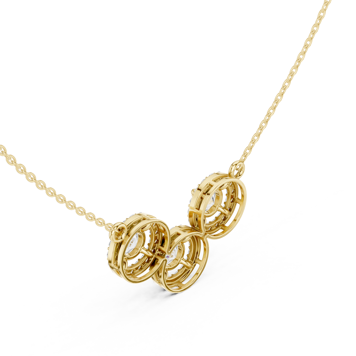 Luxury Three-Stone Diamond Halo Pendant Necklace in 14K Gold