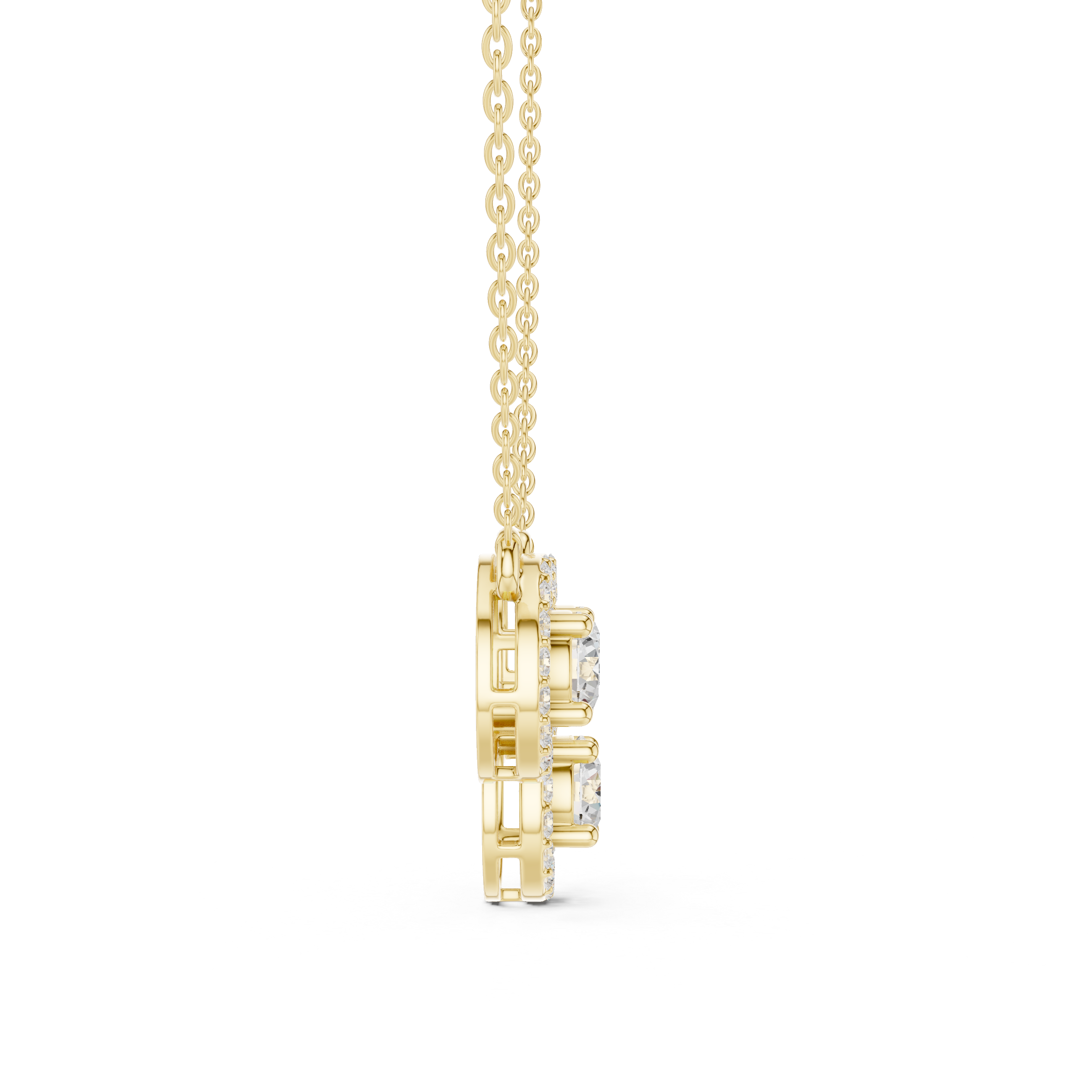 Luxury Three-Stone Diamond Halo Pendant Necklace in 14K Gold