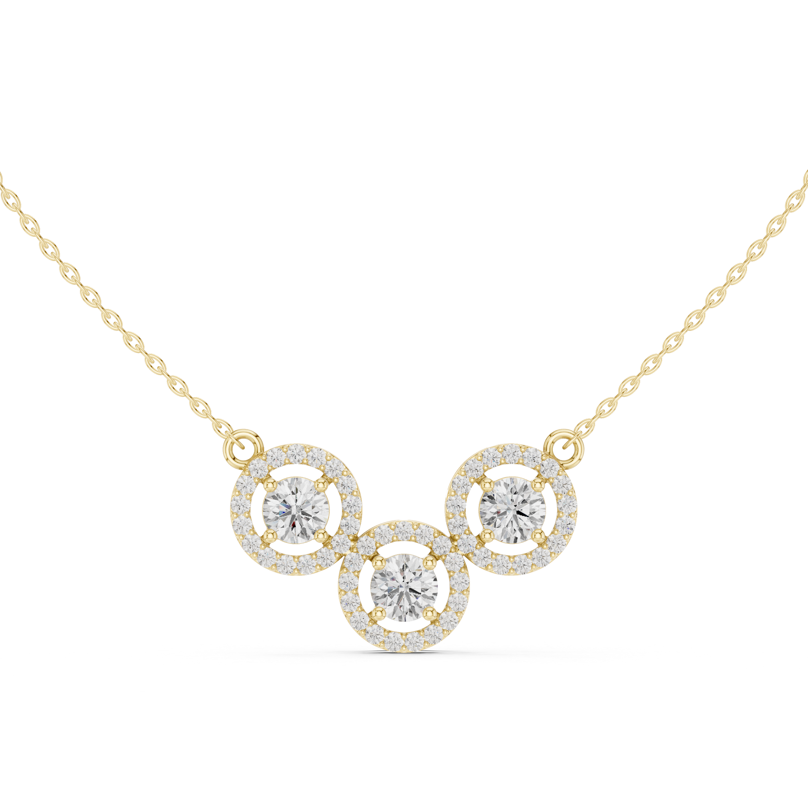 Luxury Three-Stone Diamond Halo Pendant Necklace in 14K Gold