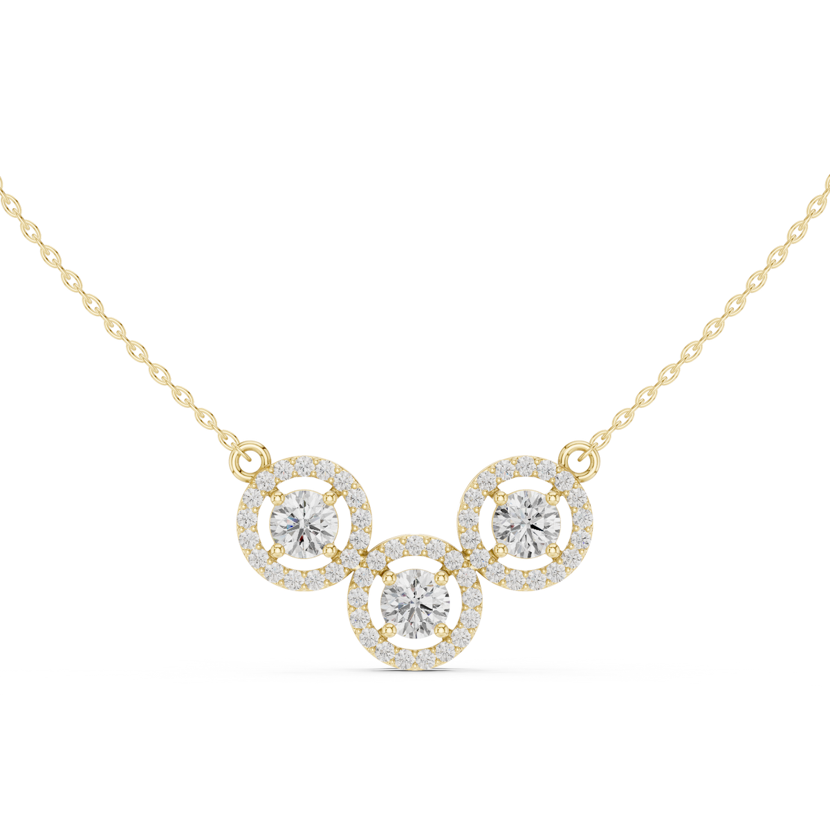 Luxury Three-Stone Diamond Halo Pendant Necklace in 14K Gold