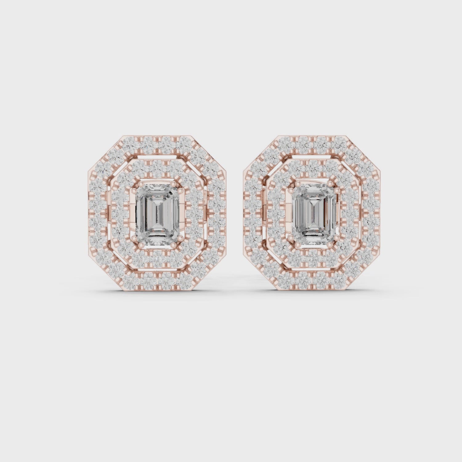 Emerald-Cut Halo Diamond Stud Earrings in Fine Gold