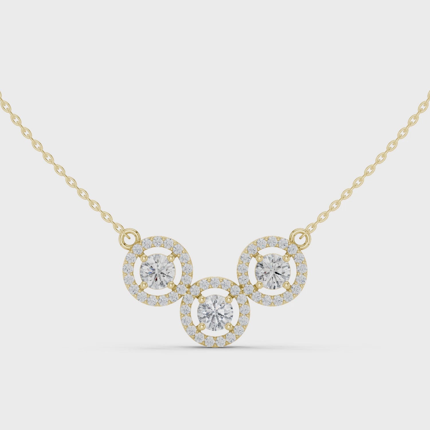 Luxury Three-Stone Diamond Halo Pendant Necklace in 14K Gold
