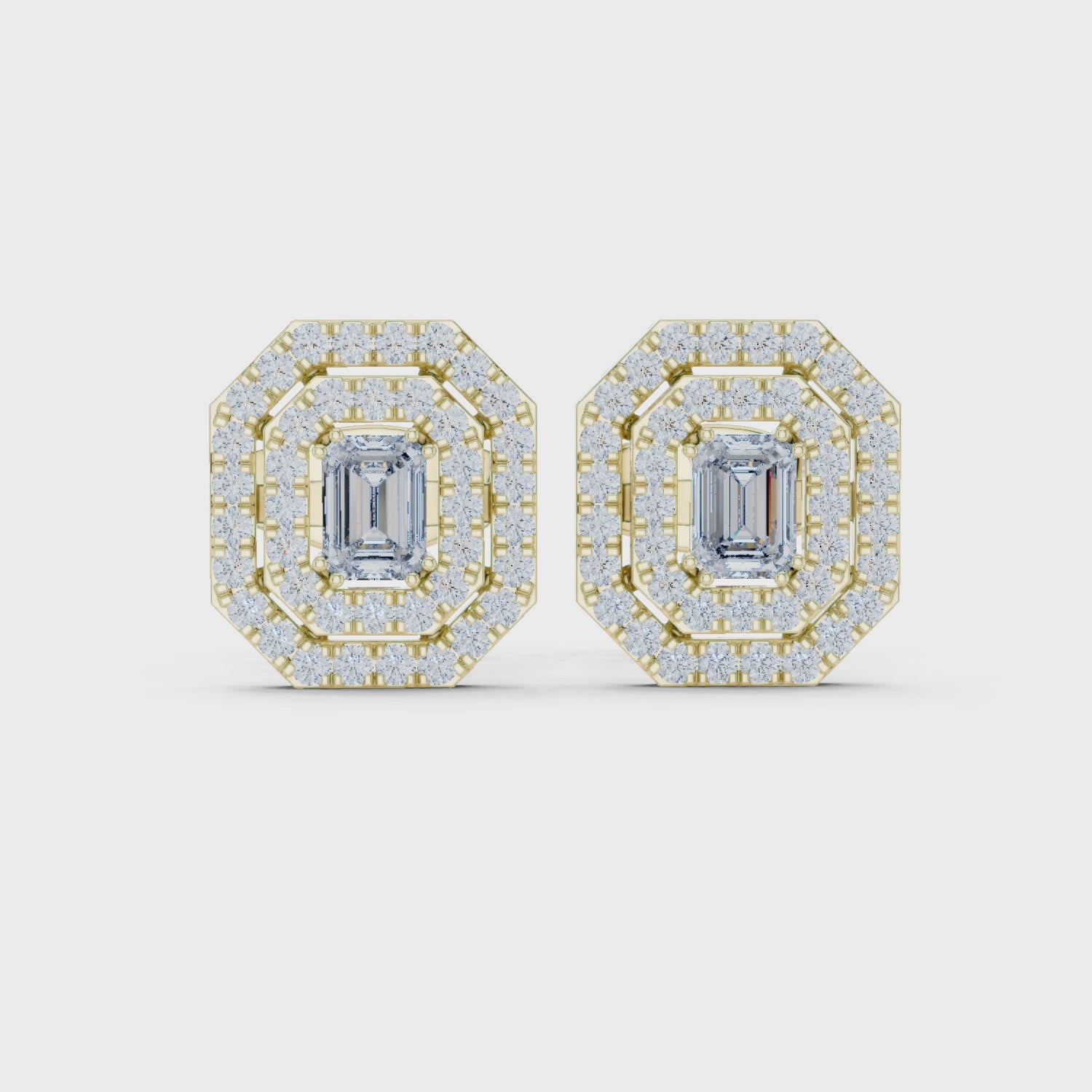 Emerald-Cut Halo Diamond Stud Earrings in Fine Gold