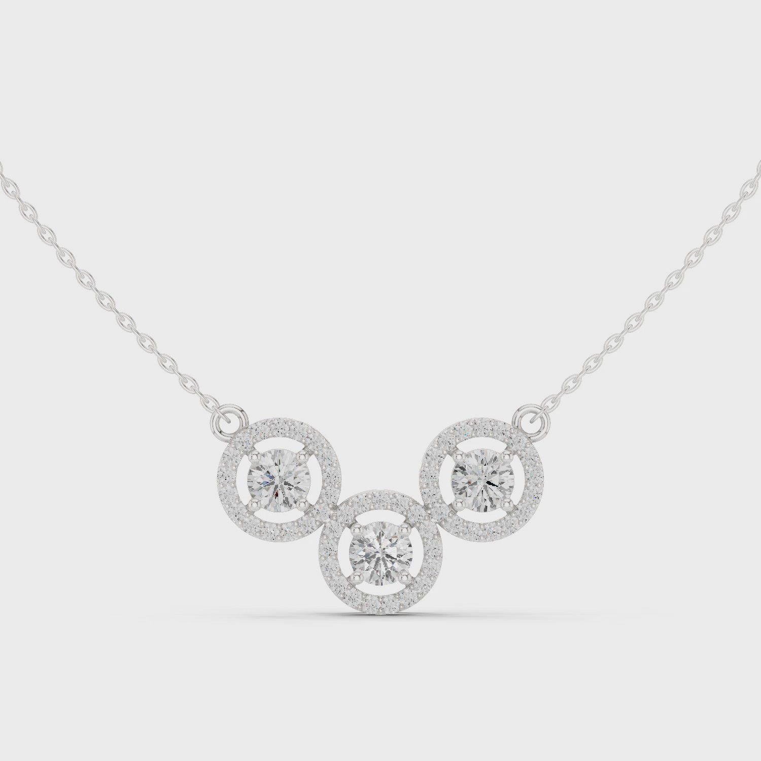 Luxury Three-Stone Diamond Halo Pendant Necklace in 14K Gold